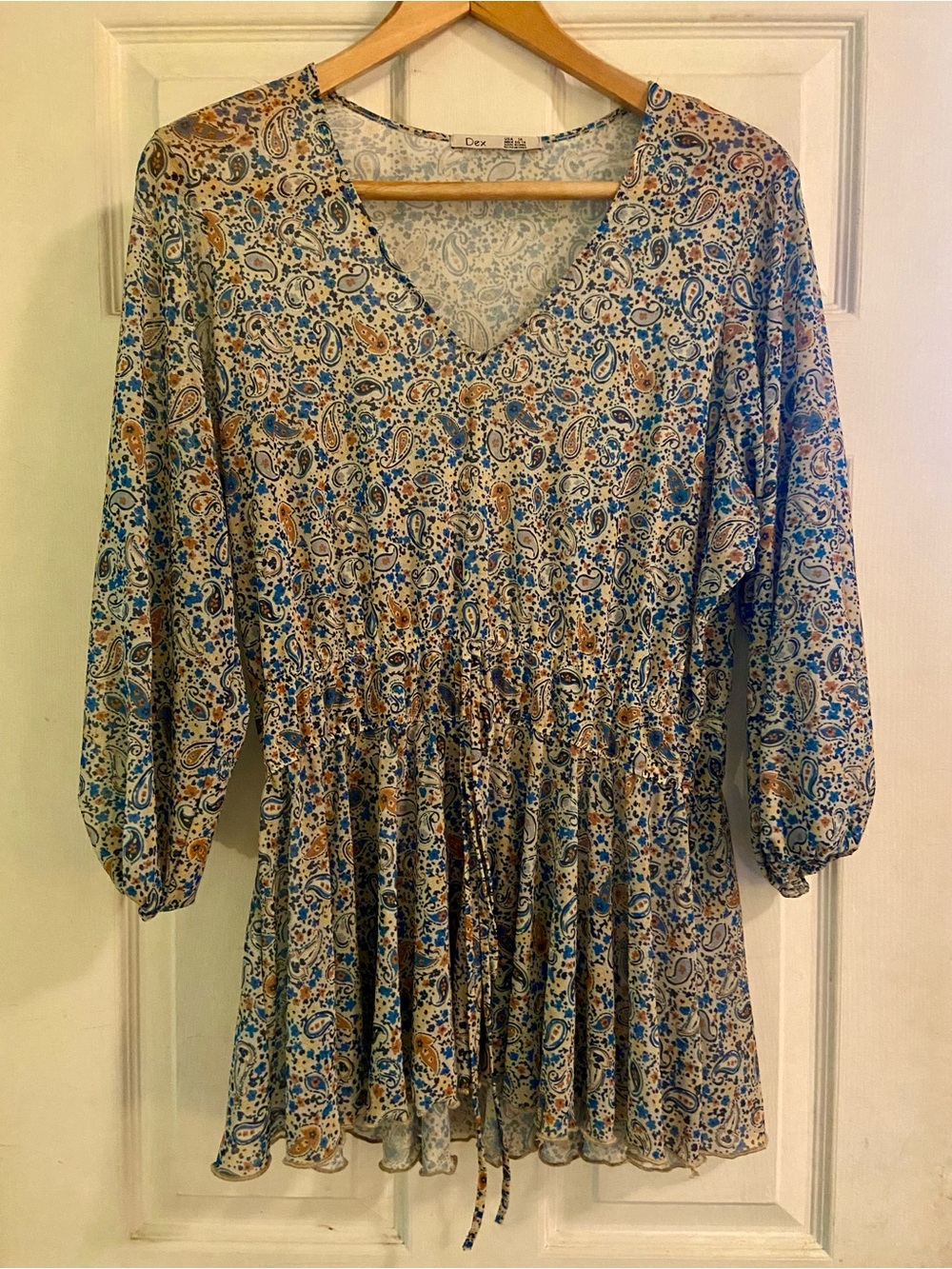 Dex Blue and Tan Paisley V-Neck Peplum / Babydoll Top